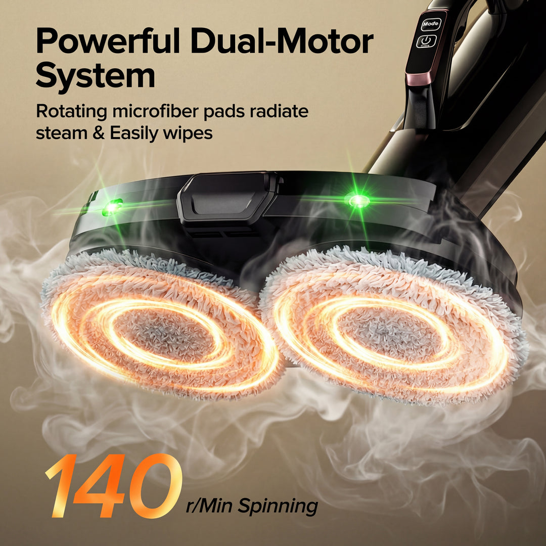 Steam cleaner with rotating microfiber pads and text highlighting its features on a beige background