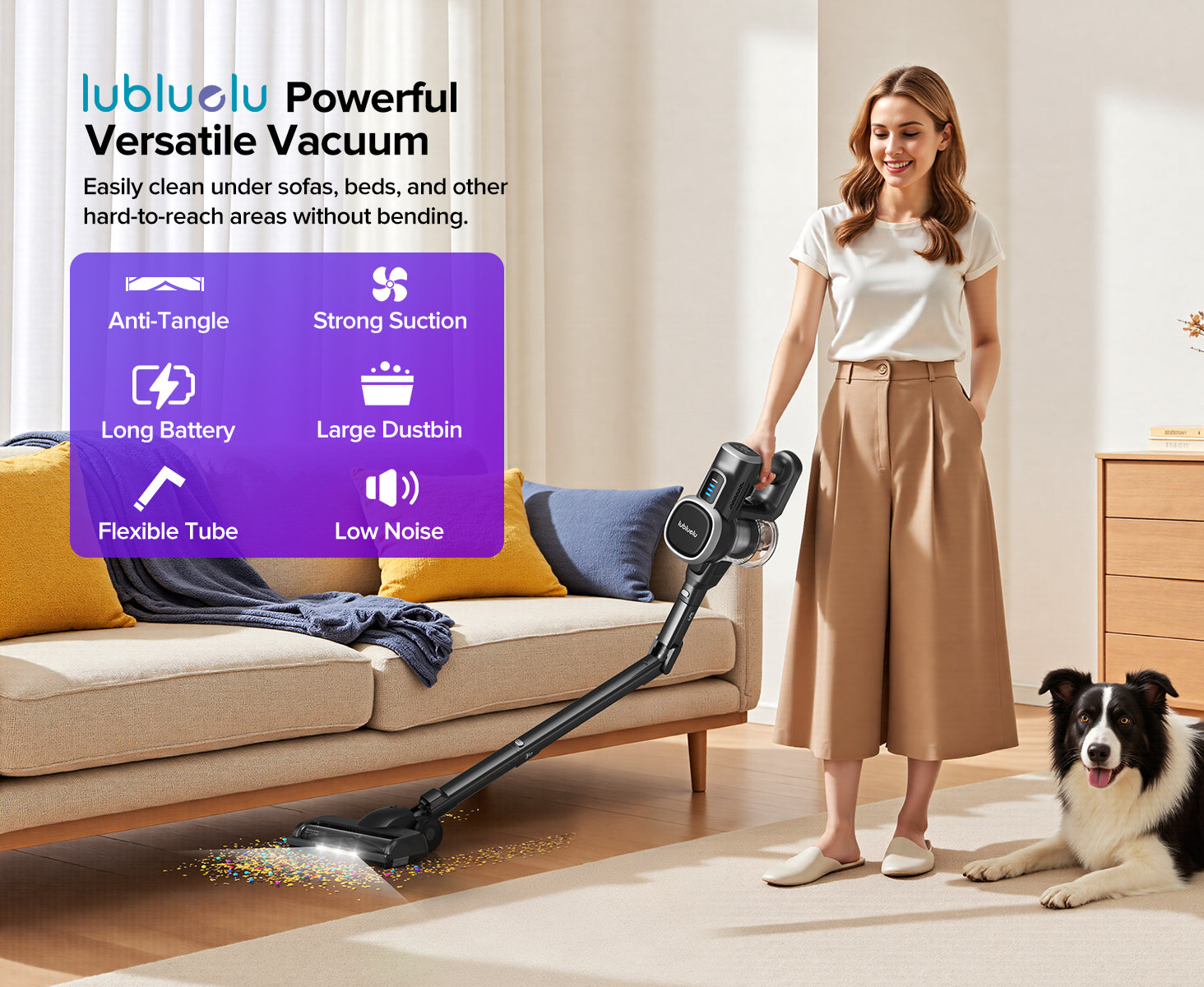 Woman using a powerful versatile vacuum cleaner in a living room with a dog.