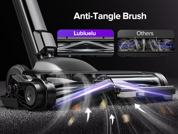 Vacuum cleaner with anti-tangle brush feature on a dark background