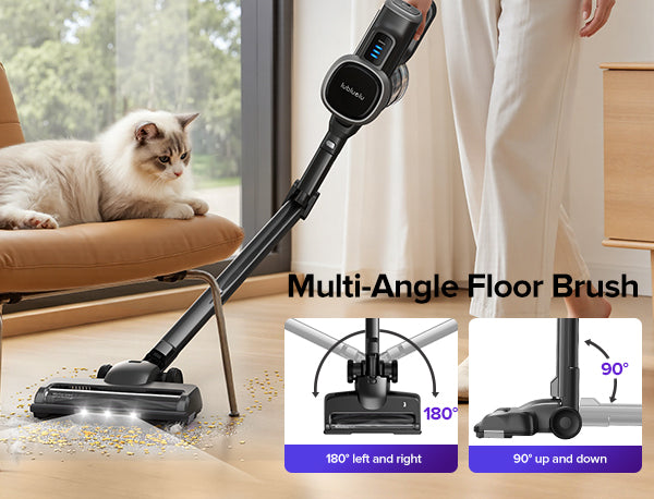 Vacuum cleaner with multi-angle floor brush feature in a home setting.