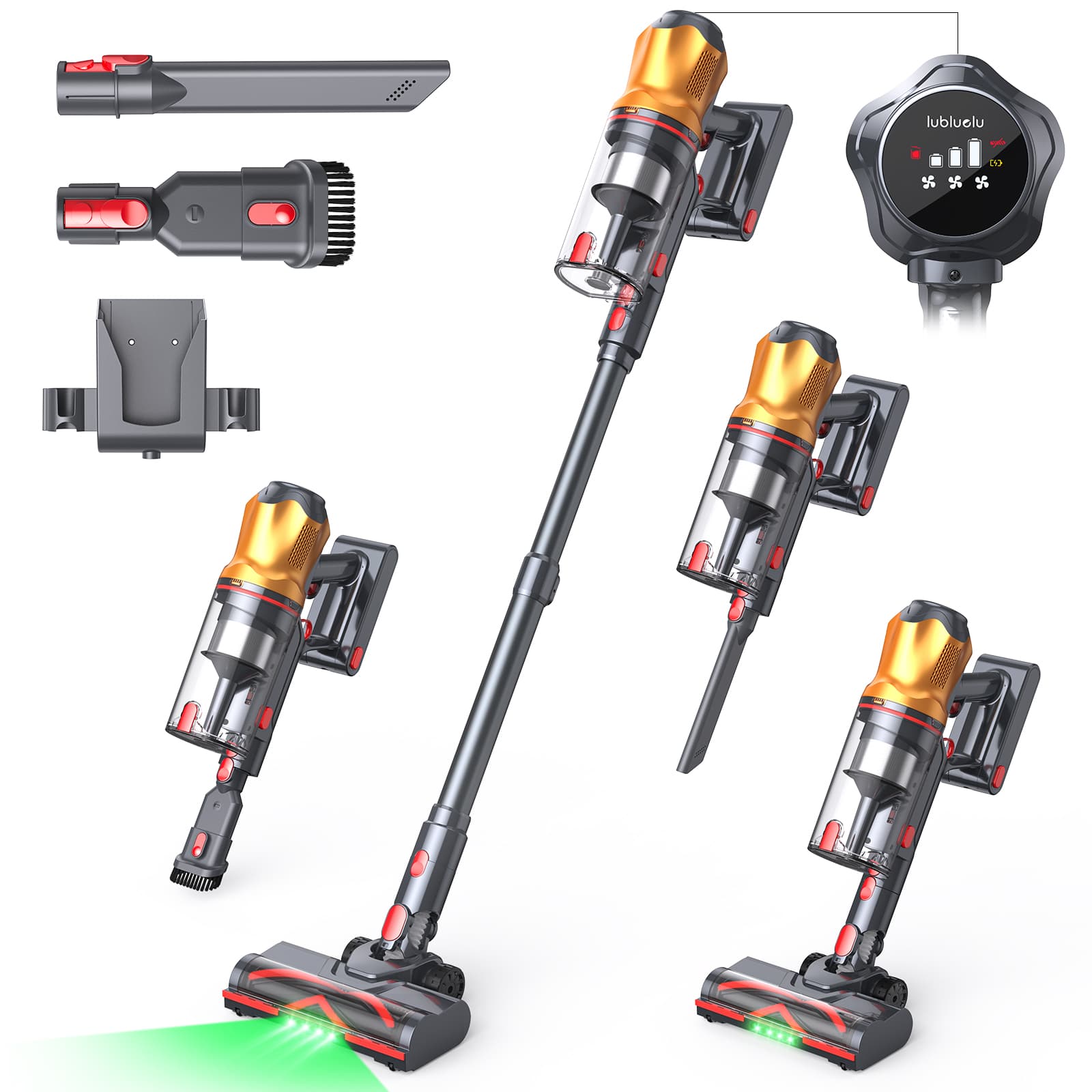 Lubuletu cordless vacuum cleaner with attachments on a white background