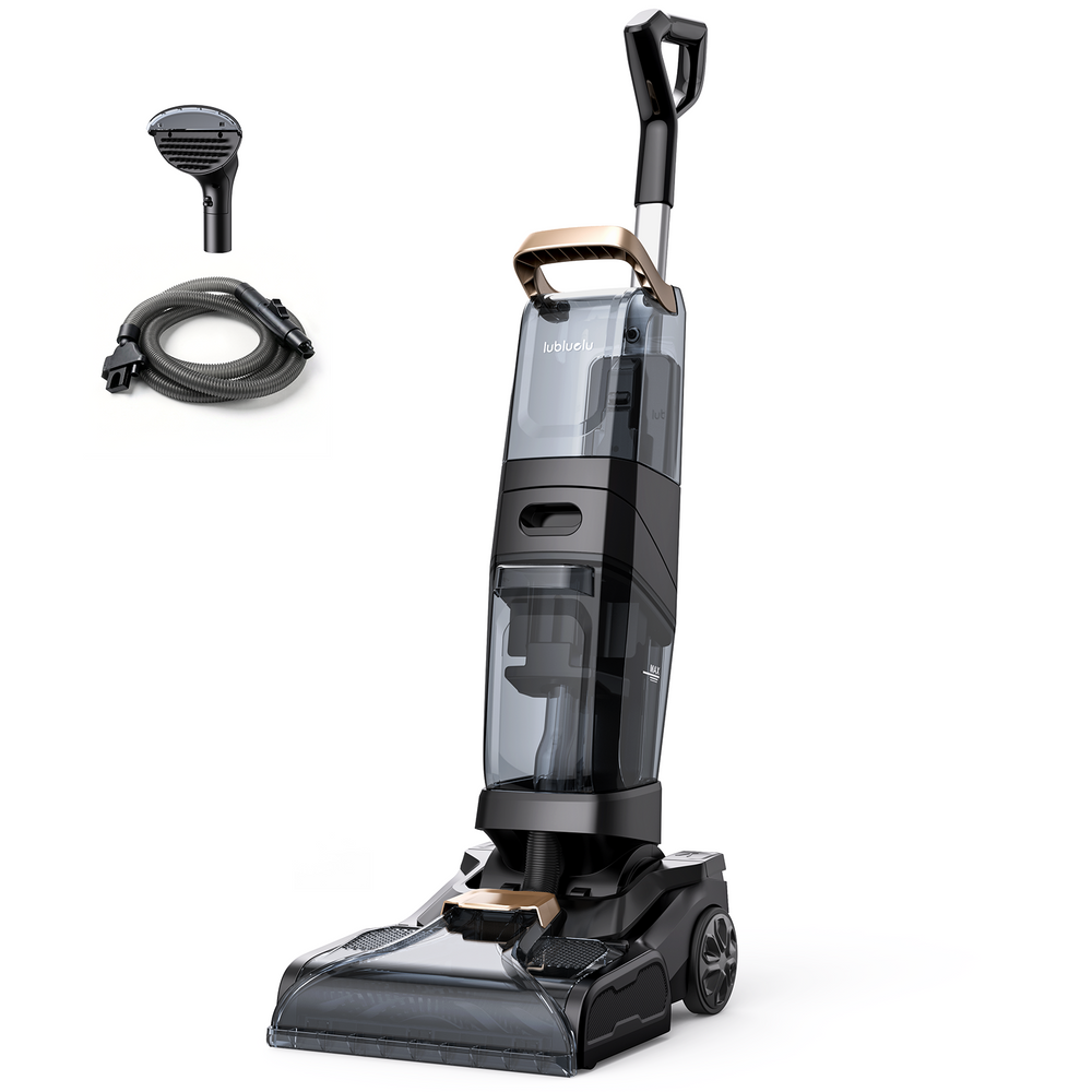 Upright vacuum cleaner with attachments on a white background