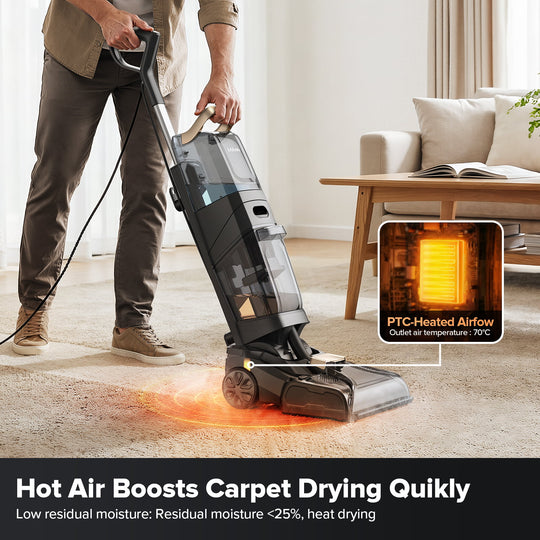 Person using a hot air carpet dryer in a living room with text highlighting PTC-heated airflow.