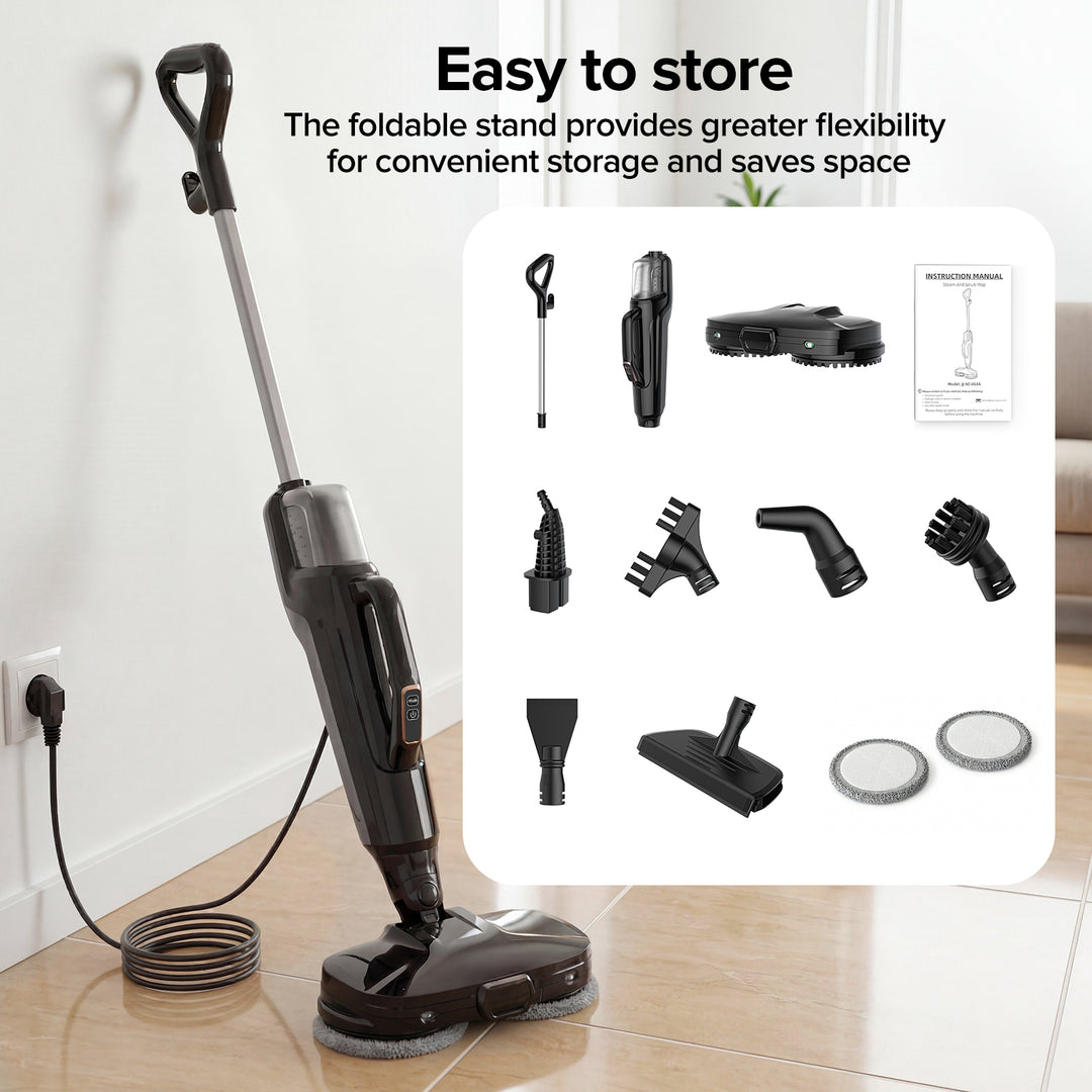 Black floor cleaning device with accessories on a wooden floor, featuring text about a foldable stand.