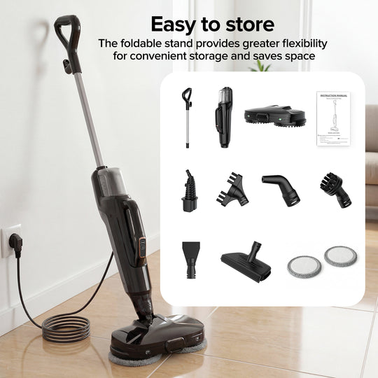 Black floor cleaning device with accessories on a wooden floor, featuring text about a foldable stand.