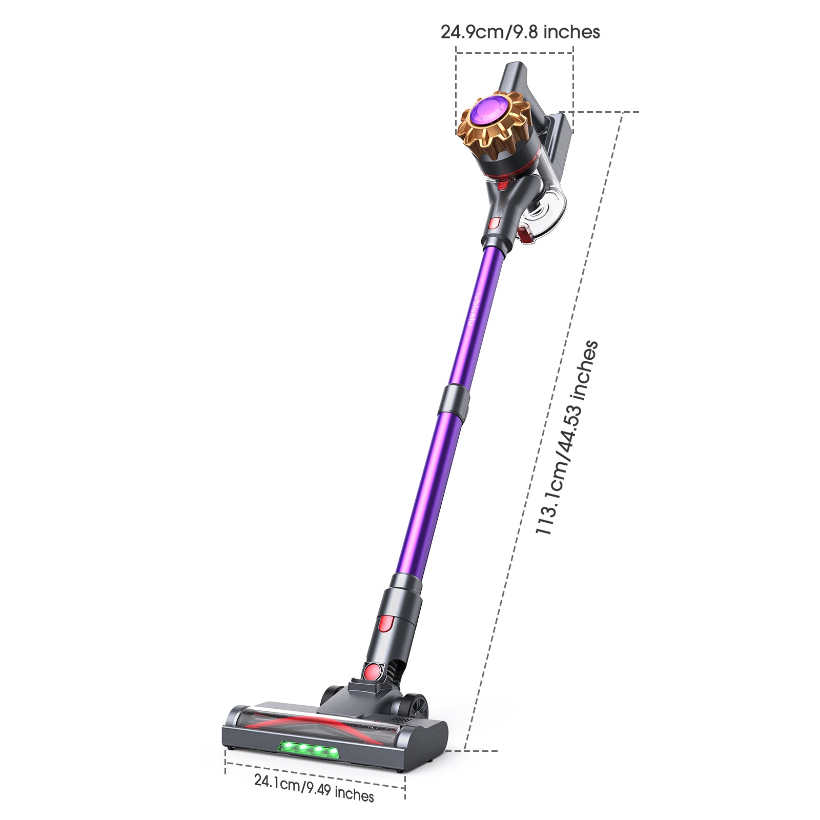 A cordless stick vacuum cleaner on a white background with dashed measurement lines and text showing its height, width, and head depth in centimeters and inches.