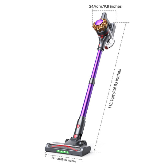 A cordless stick vacuum cleaner on a white background with dashed measurement lines and text showing its height, width, and head depth in centimeters and inches.