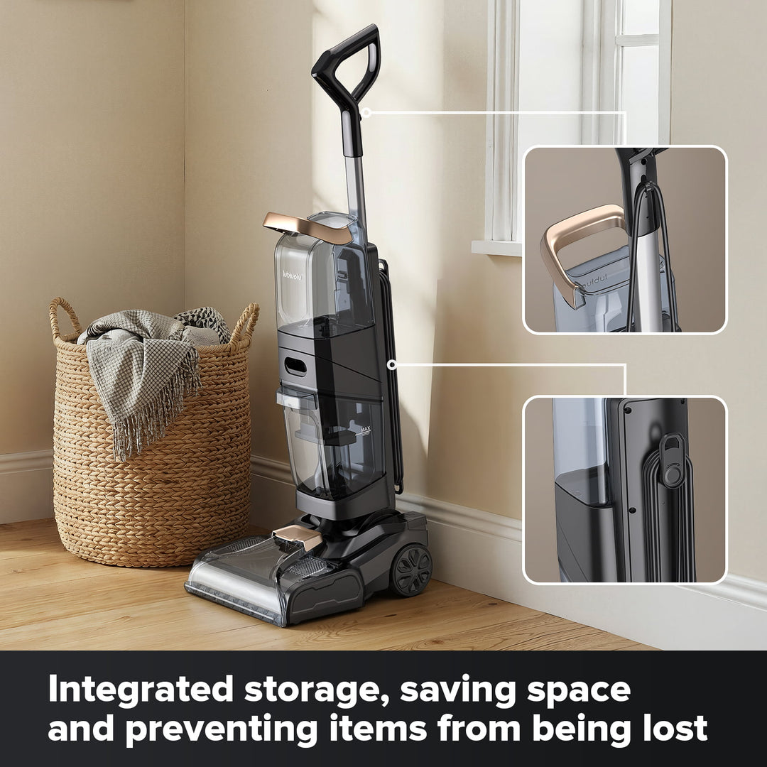 Vacuum cleaner with integrated storage feature on a wooden floor next to a basket.