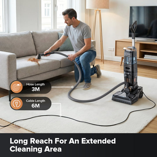 Man cleaning a carpet with a vacuum cleaner in a living room.