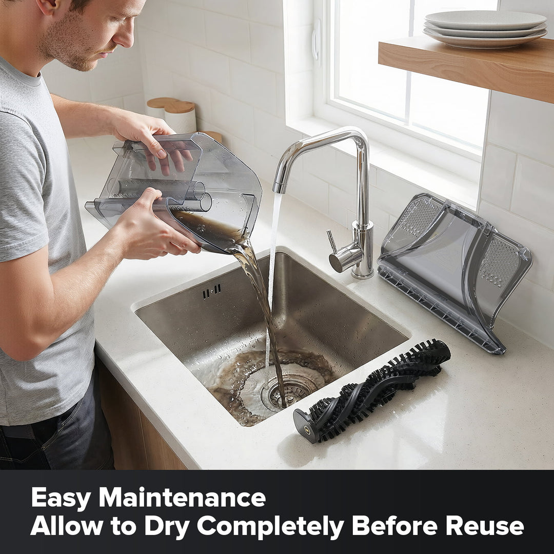 Person using a kitchen sink with a faucet, surrounded by cleaning tools and text about easy maintenance.