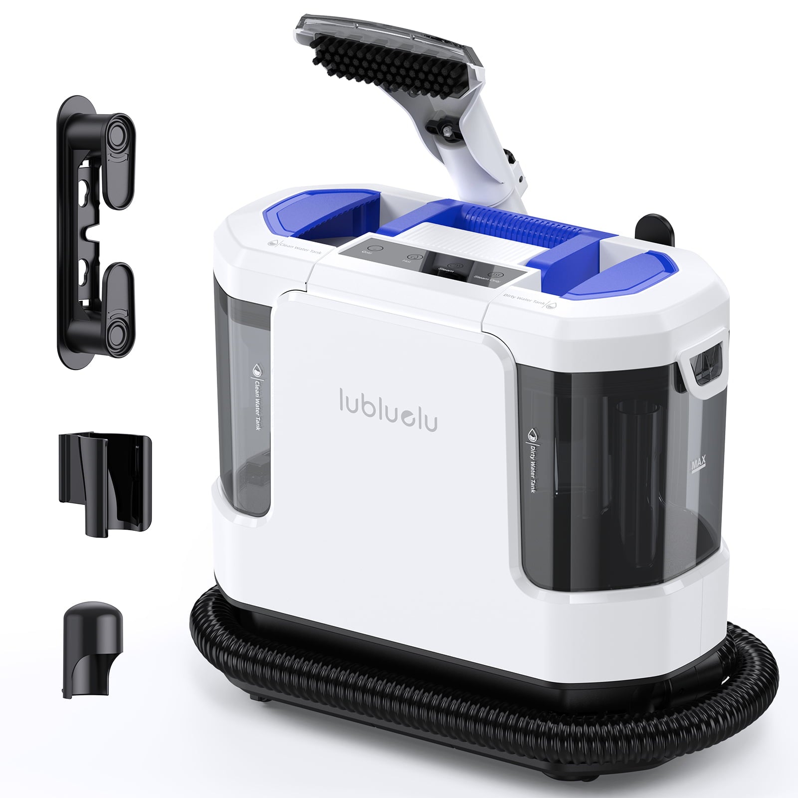 A white and blue self-cleaning steam cleaner with a black hose, shown on a white background with three black attachment heads and a wall-mount bracket.
