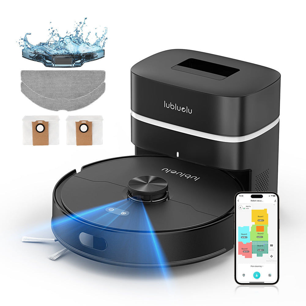 Robotic vacuum cleaner with attachments and smartphone app on a white background