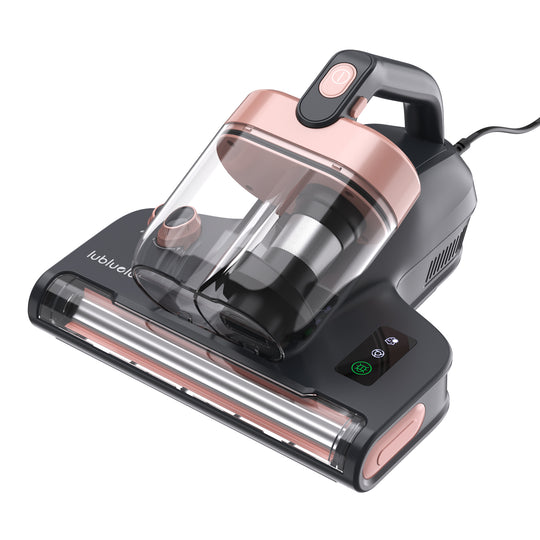 A cordless handheld vacuum cleaner with a transparent dust bin, black body, and rose gold accents, shown on a clean white background.