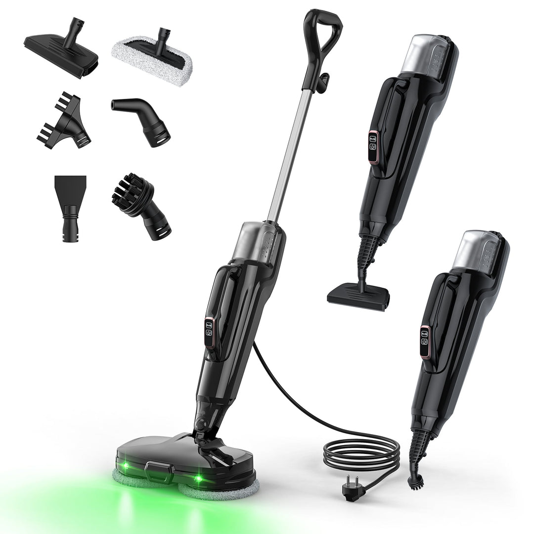 Multifunctional cleaning tool with various attachments on a white background