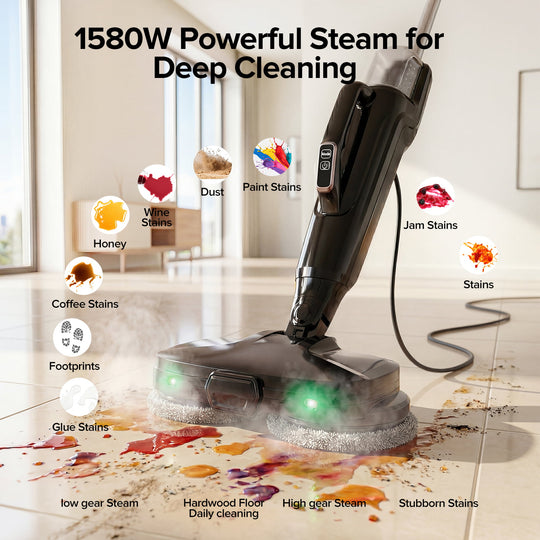 Steam cleaner with various stain removal capabilities on a tiled floor.