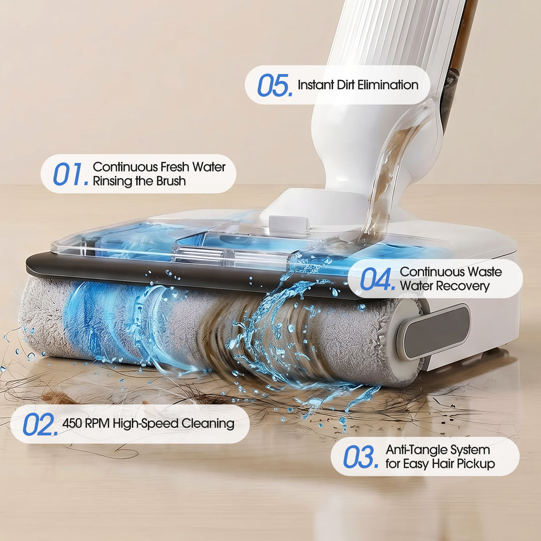 Cleaning device with water being dispensed, featuring text on features.