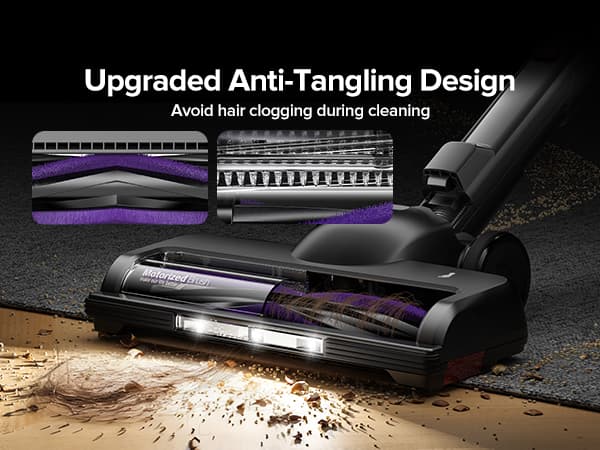 Vacuum cleaner with upgraded anti-tangling design on a black background