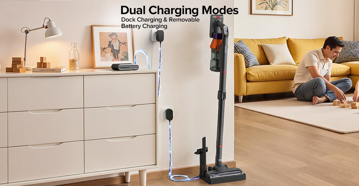 Vacuum cleaner with dual charging modes in a living room setting