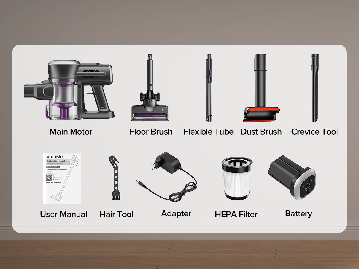Collection of vacuum cleaner parts and accessories on a white background