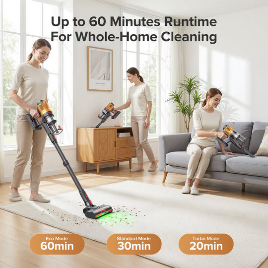 Woman using a cordless vacuum cleaner in a living room with text about runtime for whole-home cleaning.