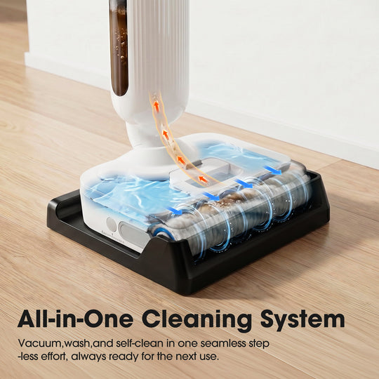 Cleaning device with water tank on a wooden floor, labeled 'All-in-One Cleaning System'.