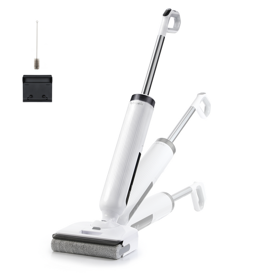 White handheld vacuum cleaner with attachments on a white background