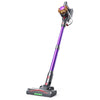 A cordless stick vacuum cleaner with a metallic purple handle, dark gray base and attachments, and a glowing purple circular detail on the motor housing, shown against a plain white background.