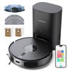 A black robotic vacuum cleaner shown with its matching black charging dock, two small dust bins, two gray floor mops, and a smartphone app screen on a clean white background. The product brand 'lubluelu' is visible on the vacuum and dock.