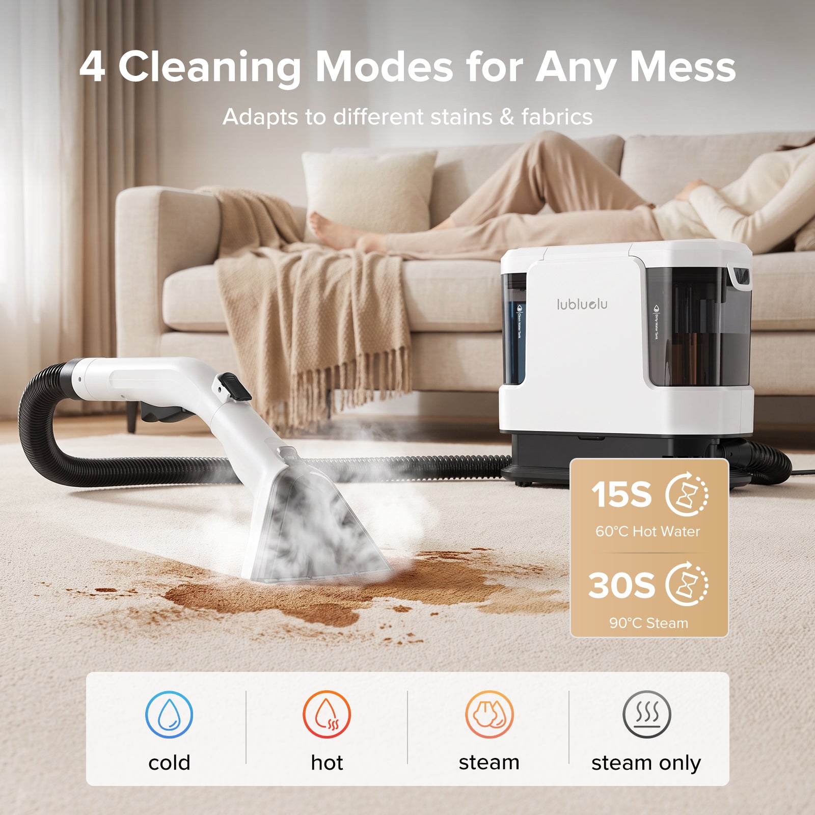 lubluelu V11 Portable Upholstery & Spot Cleaner – 4 Cleaning Modes with Wheeled Base Design