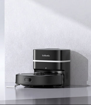 A black robotic vacuum cleaner and its matching charging dock, branded hubbleu, shown on a minimalist light gray surface against a textured light gray wall with soft diagonal shadows.