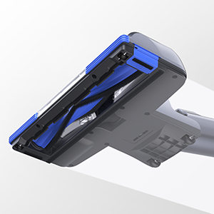 A vacuum cleaner floor brush attachment with blue and black color scheme.
