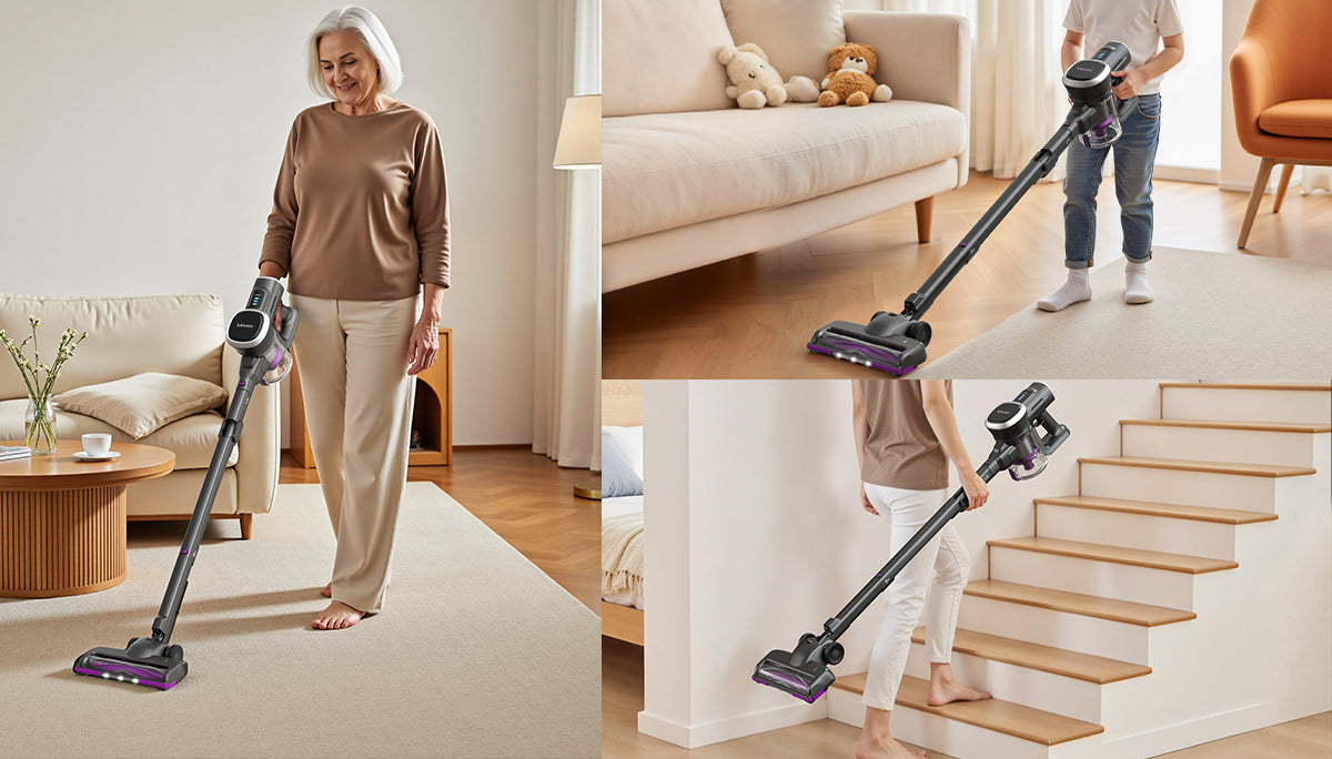 Woman using a cordless vacuum cleaner in a living room, on stairs, and in a hallway.