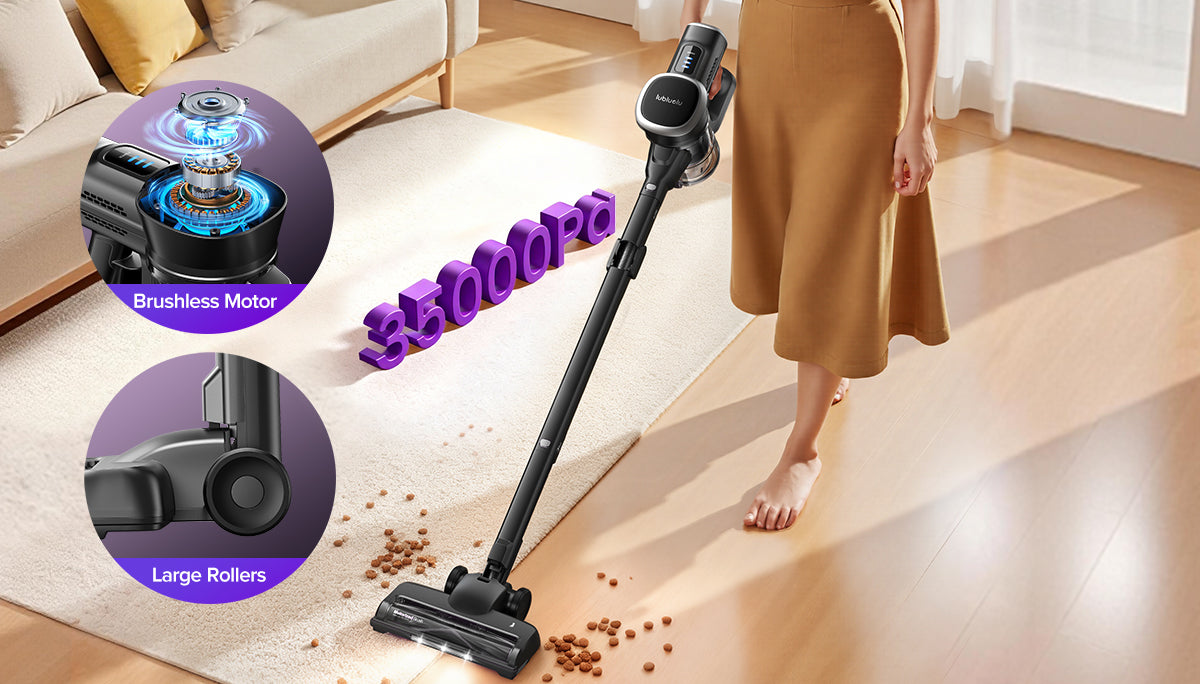 Person using a cordless vacuum cleaner on a carpet with close-up insets of brushings motor and large rollers.