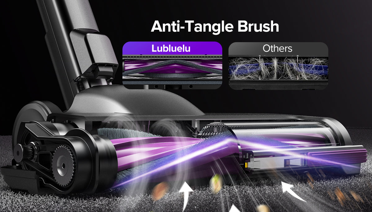 Vacuum cleaner with anti-tangle brush technology comparison on a dark background