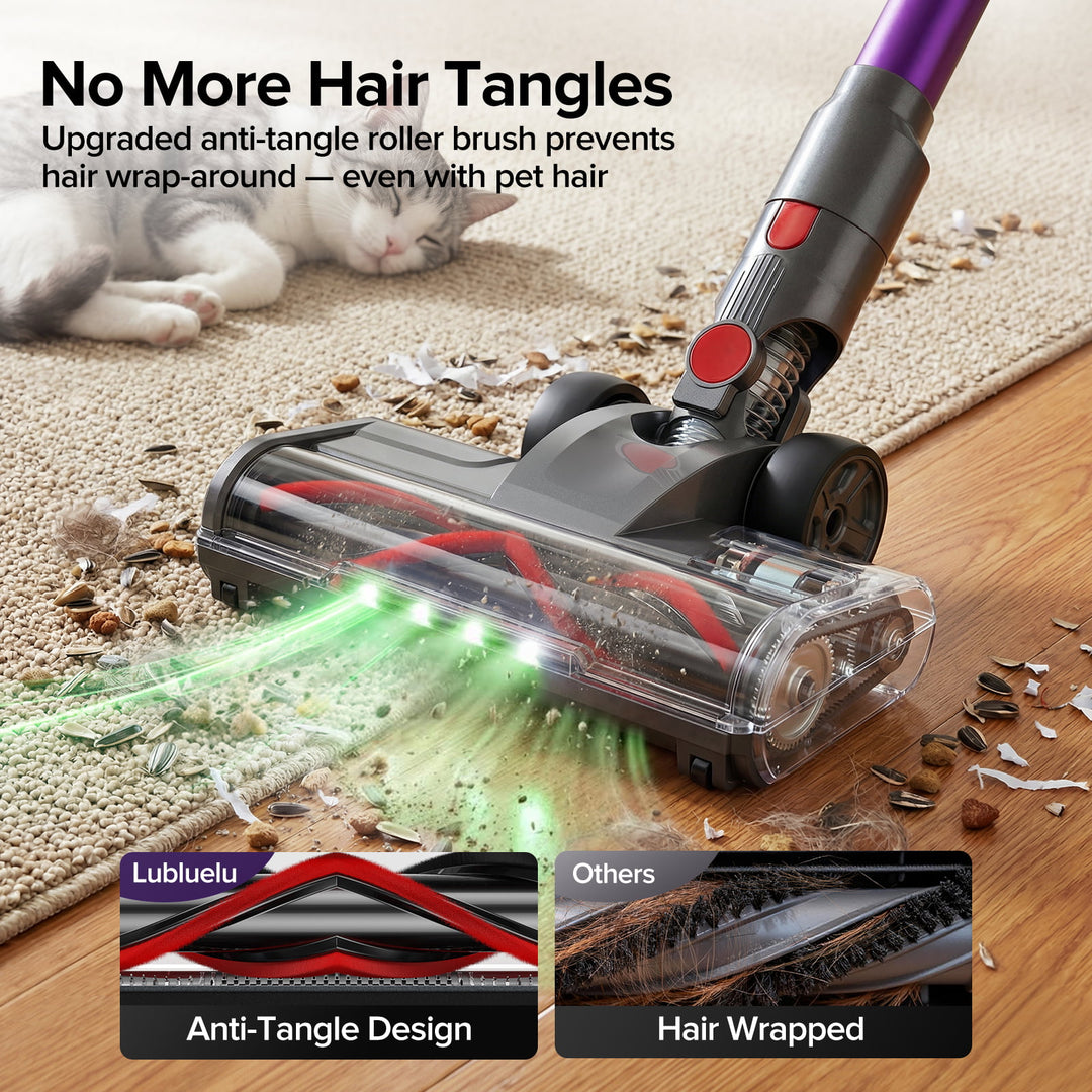 A cordless carpet cleaner shown on a carpeted floor with debris being lifted, plus a sleeping cat in the background. Text at the top reads 'No More Hair Tangles' and the bottom includes feature callouts labeled 'Lubluelu Anti-Tangle Design' and 'Hair Wrapped'.