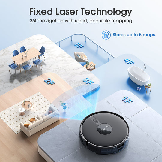Robotic vacuum cleaner with fixed lidar technology in a modern living room setting