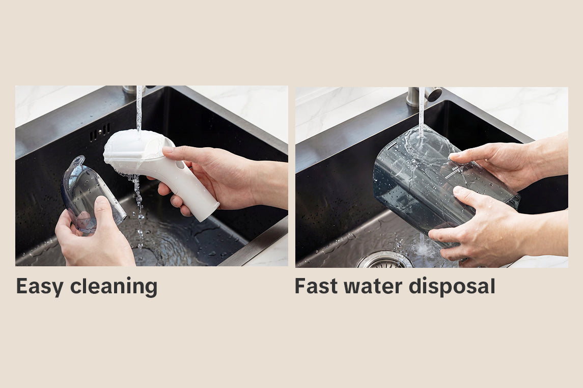 Two images showing a hand cleaning a bottle with water and disposing of it quickly.