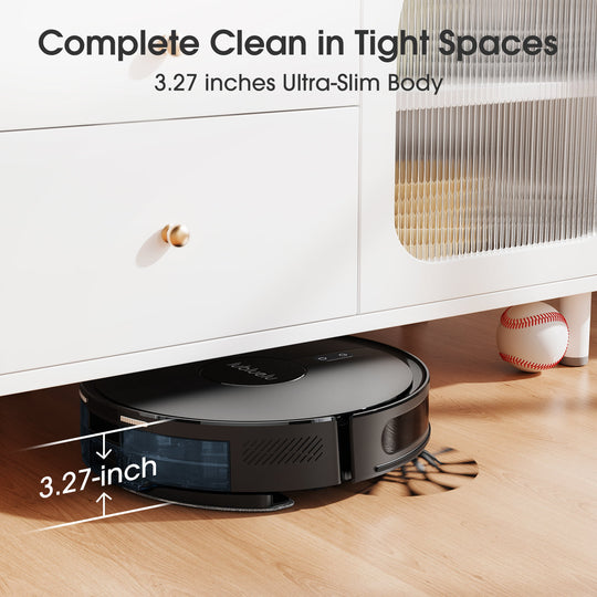 Robotic vacuum cleaner under a piece of furniture with text highlighting its ultra-slim design.