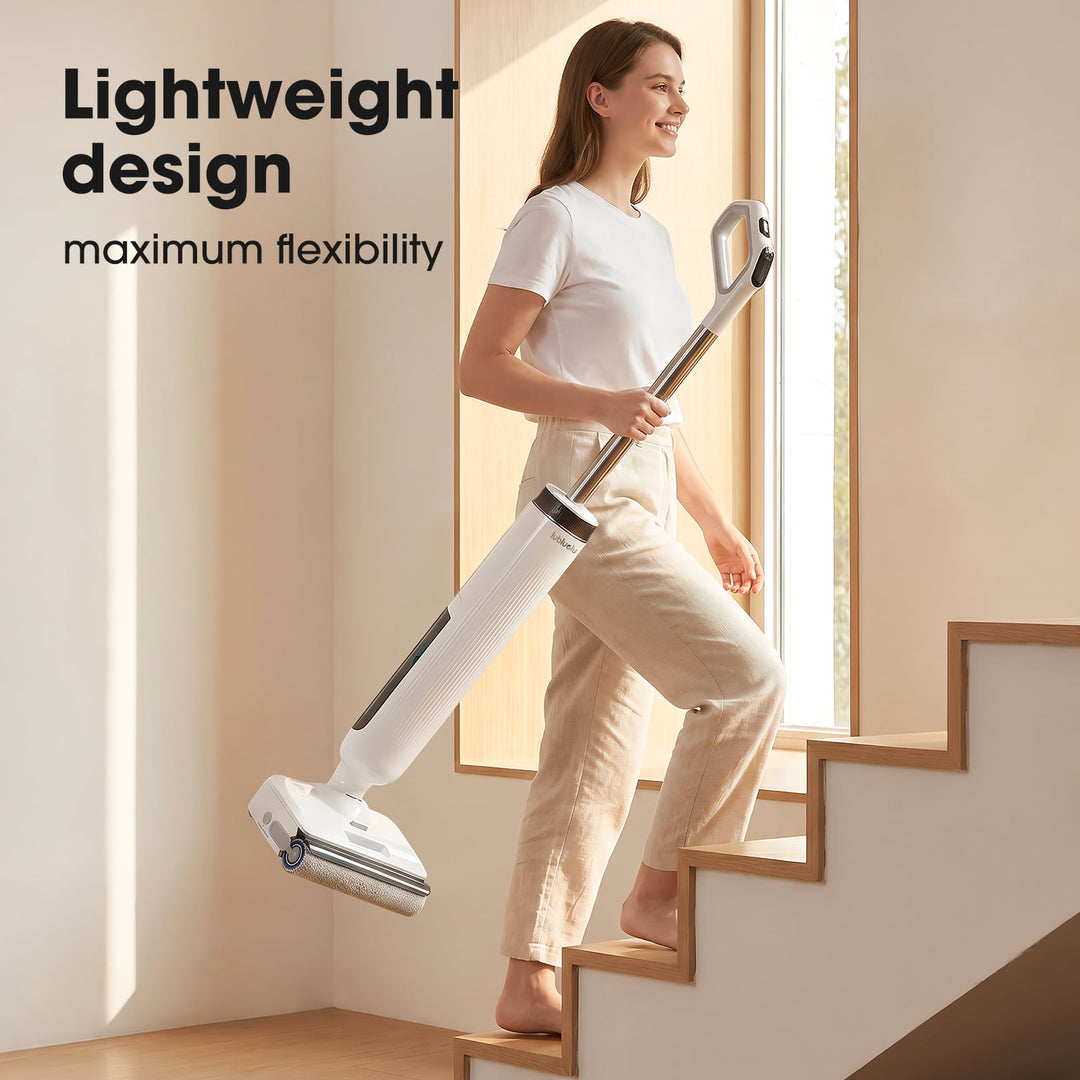 Woman using a vacuum cleaner on a staircase with text about lightweight design and maximum flexibility.