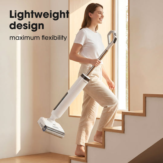 Woman using a vacuum cleaner on a staircase with text about lightweight design and maximum flexibility.