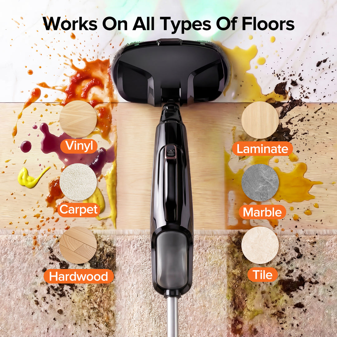 Black floor cleaning tool with flooring types labeled on a multicolored background