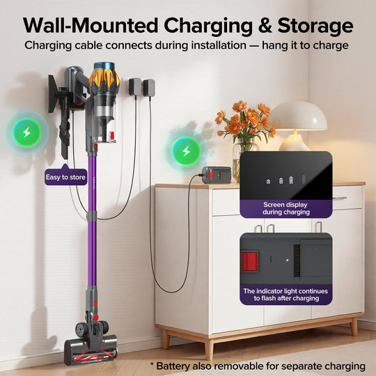 A wall-mounted cordless vacuum cleaner is shown charging and storing against a white wall in a styled room with a cabinet, lamp, flowers, and charging accessories. Text overlays explain wall-mounted charging, storage, screen display, and indicator light behavior.