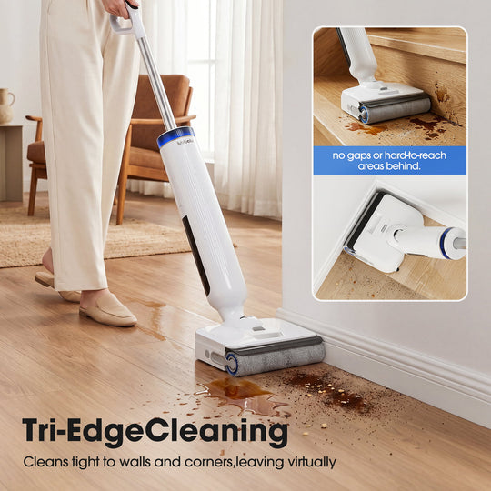 Person using a Tri-EdgeCleaning device to clean a wooden floor with a close-up of the tool's effectiveness.