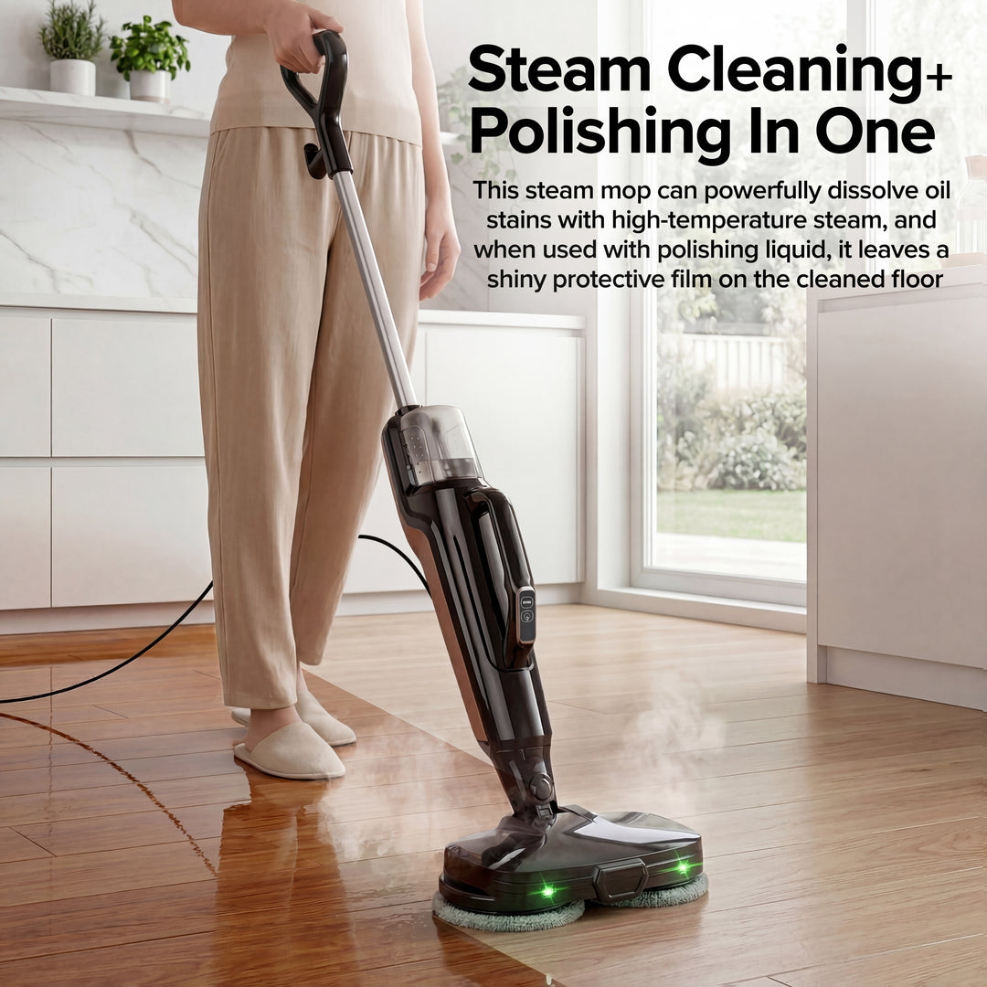 Person using a steam cleaning device on a wooden floor with text about its features.
