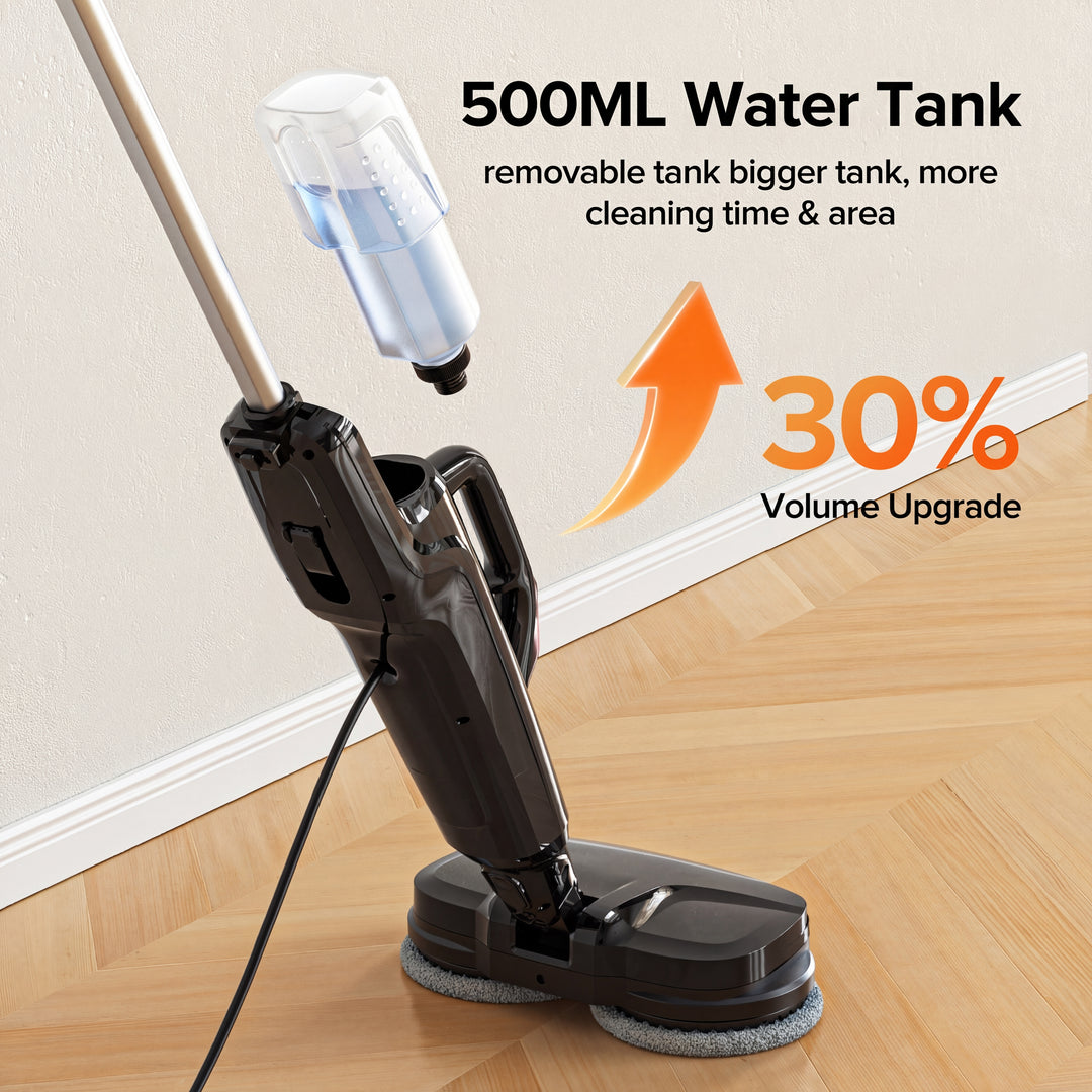Floor cleaning machine with a 500ML water tank on a wooden floor, highlighting volume upgrade feature.