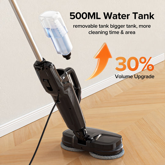 Floor cleaning machine with a 500ML water tank on a wooden floor, highlighting volume upgrade feature.
