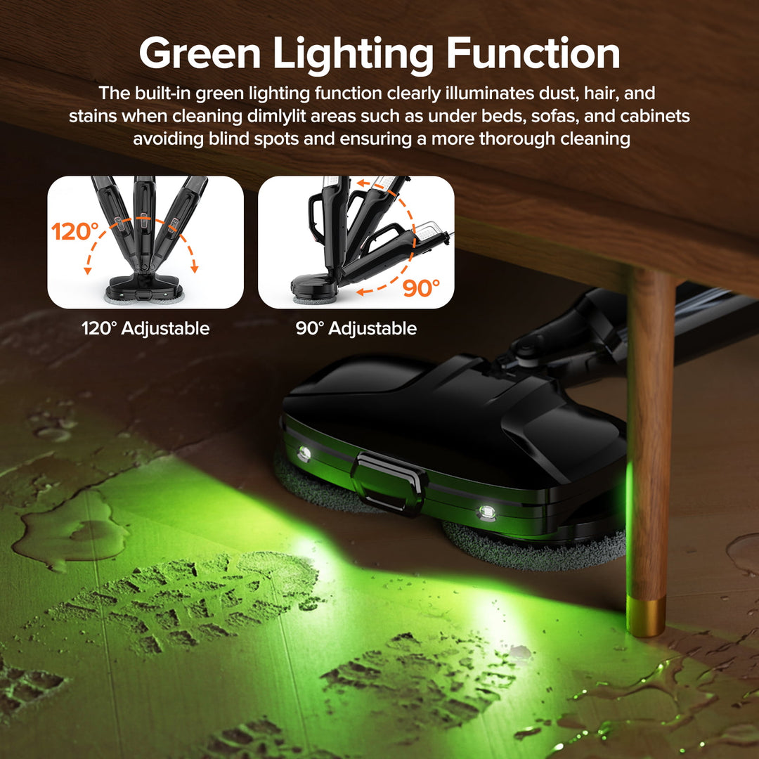 Cleaning device with green lighting function under a piece of furniture.