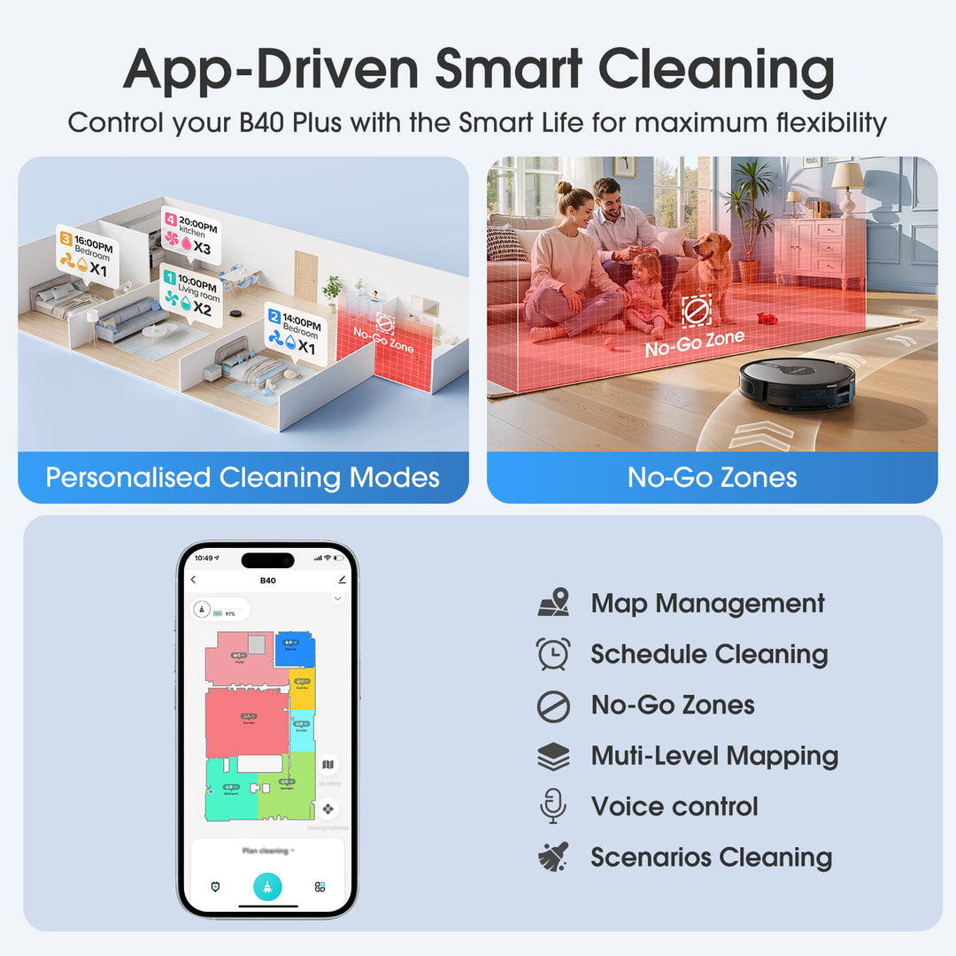 Smart cleaning device with app control features on a blue background