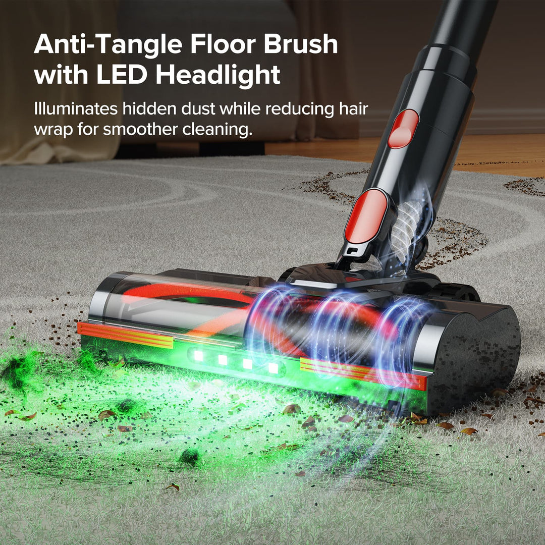Anti-tangle floor brush with LED headlight cleaning a carpet.