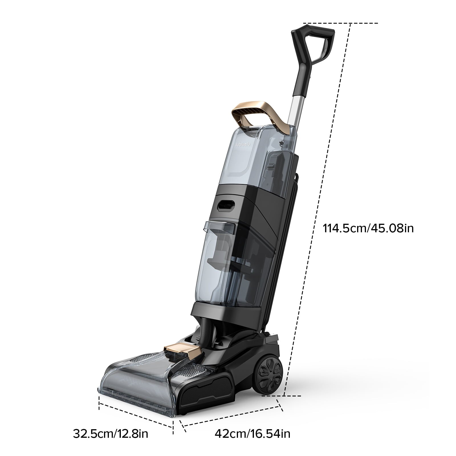 Vacuum cleaner with dimensions labeled on a white background